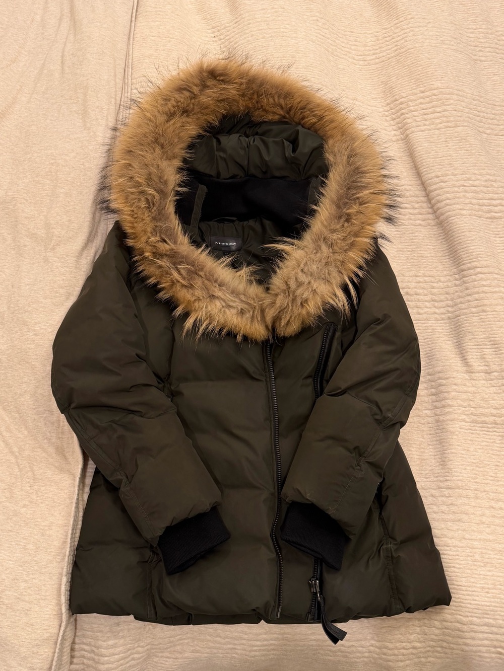 Mackage Olive Green Hooded Puffer with Fur Trim